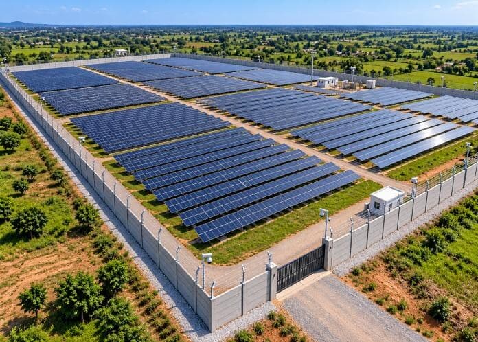 Aerial view of a ground-mounted solar array enclosed by a precast compound wall with perimeter fencing and a gated entrance.
