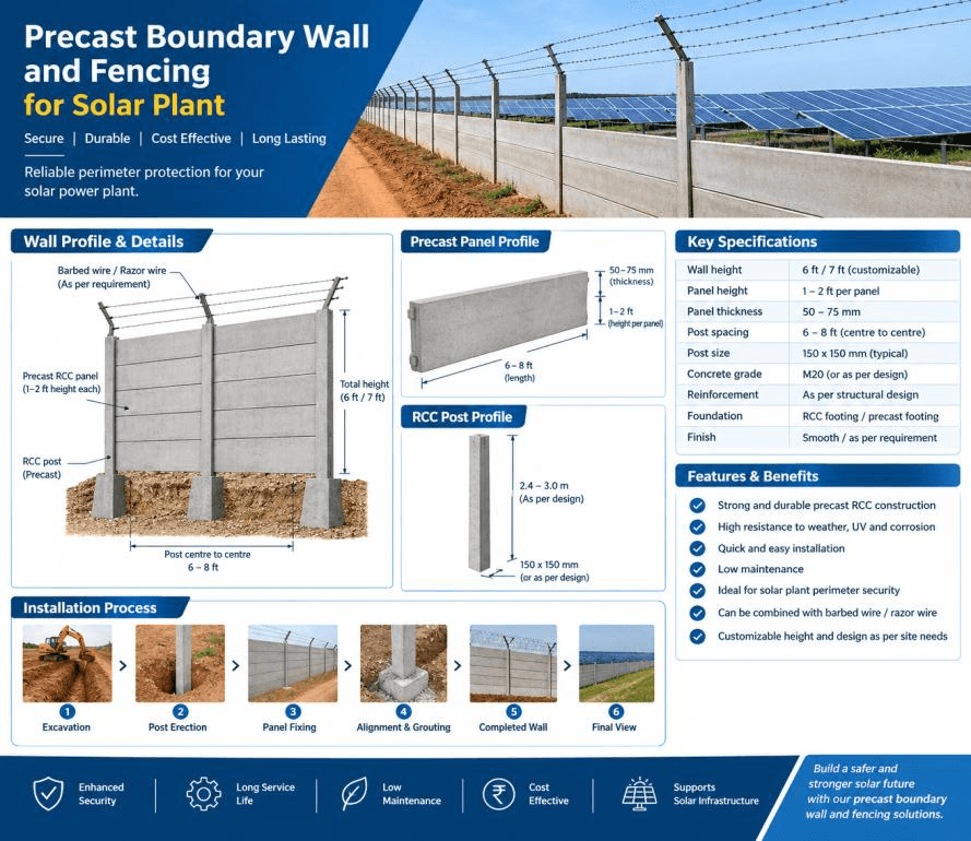 Zenithra specification sheet for precast boundary wall and fencing for solar plants, showing the wall profile with posts, panels and barbed wire arms, panel and post profiles with dimensions, a table of key specifications, and the six-stage installation process.